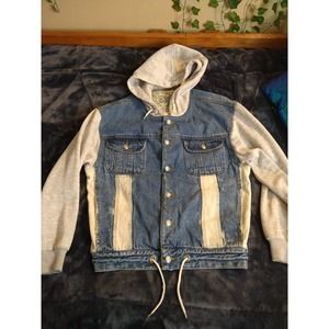 Vintage distressed trucker denim jacket, knit hood size medium Repertoire